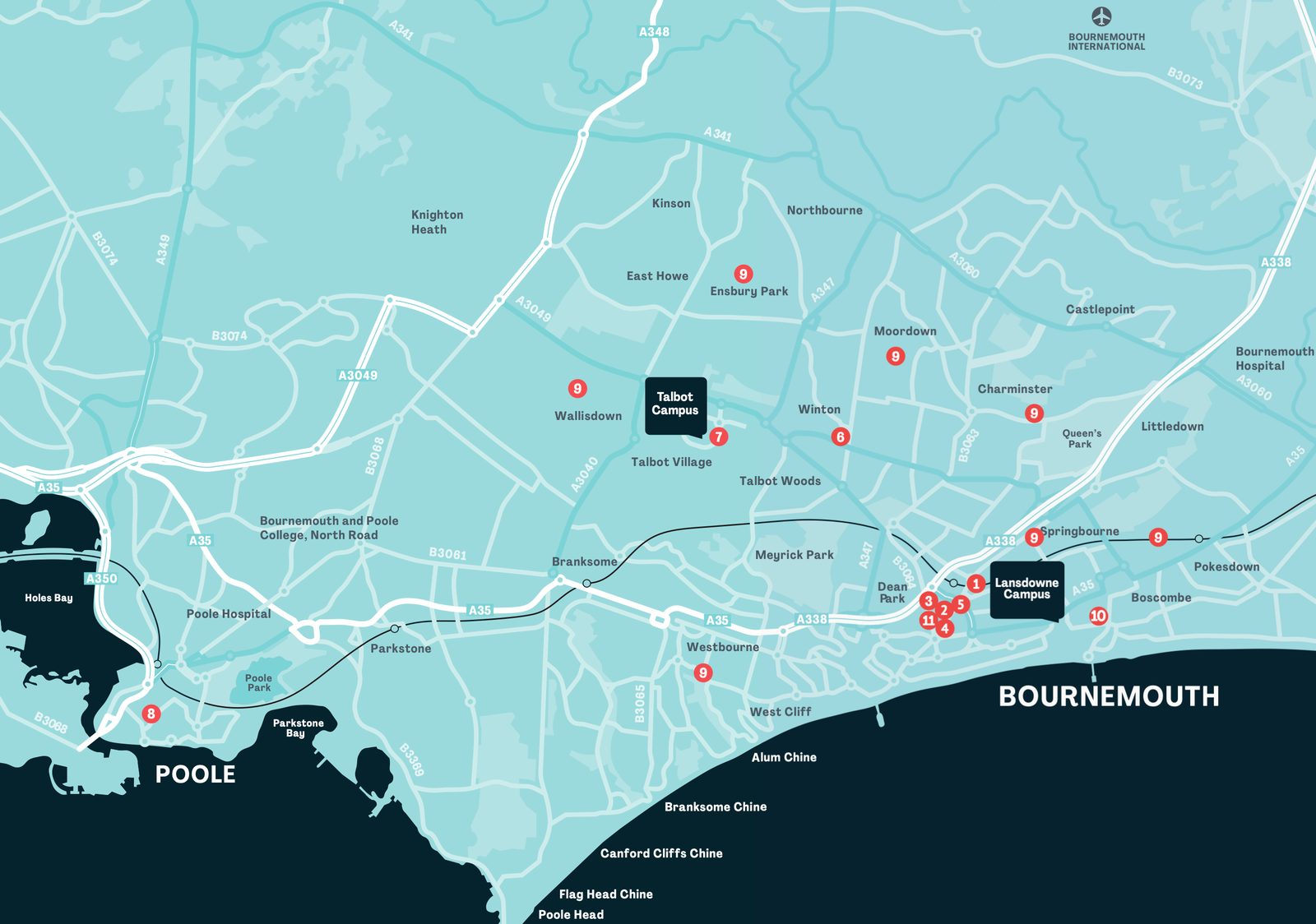 Poole(普尔)、Talbot Campus(塔尔博特校区)、Winton、Wallisdown、Talbot Village、Talbot Woods、Meyrick Park、Branksome、Westbourne、Parkstone、Bournemouth and Poole College(North Road)、Poole Hospital、Kinson、Knighton Heath、East Howe、Ensbury Park、Northbourne、Holes Bay、Poole Park、West Cliff、Alum Chine、Branksome Chine、Canford Cliffs Chine、Flag Head Chine、Poole Head,以及 A35、A349、A3049、A338 等道路编号。 Bournemouth International Airport(伯恩茅斯国际机场)、Lansdowne Campus(兰斯当校区)、Bournemouth(伯恩茅斯)、Charminster、Winton、Springbourne、Boscombe、Pokesdown、Littledown、Queen’s Park、Castlepoint、Moordown、Northbourne、Dean Park、West Cliff、Alum Chine、Bournemouth Hospital、Meyrick Park 等地名及道路编号。