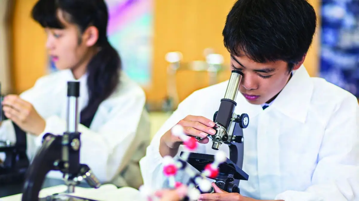 Students using microscopes and a molecular model in a Richmond science lab.