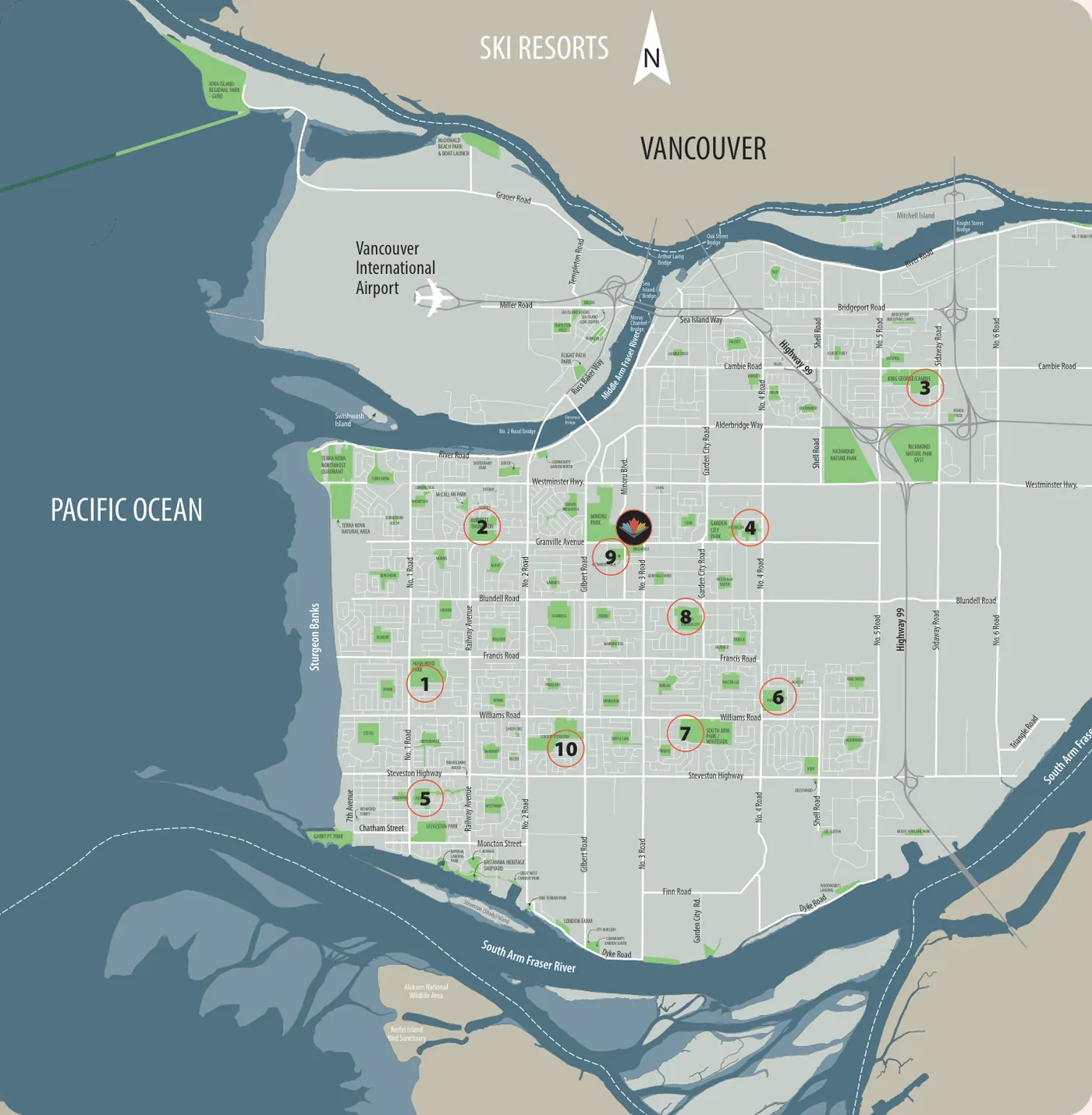 Map of Richmond and Metro Vancouver showing the Fraser River, Pacific Ocean, Vancouver International Airport, parks, main roads and the ten numbered secondary school locations.