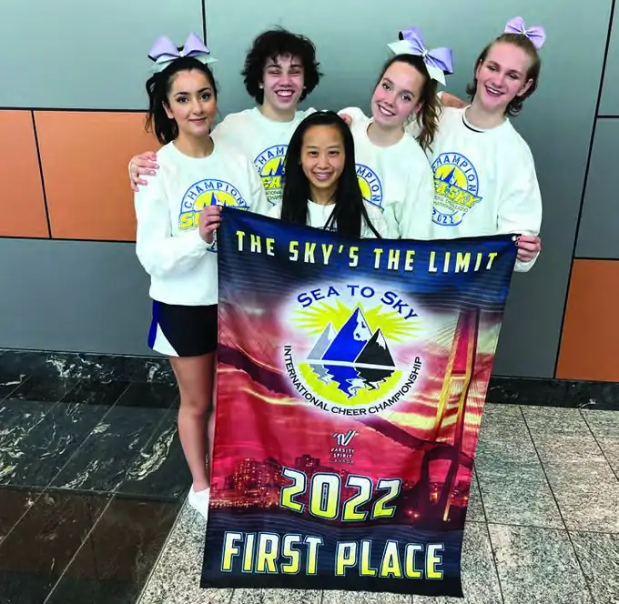 Richmond students holding a first-place banner from the 2022 Sea to Sky International Cheer Championship.