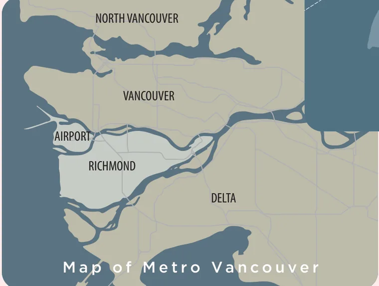 Map inset of Metro Vancouver showing North Vancouver, Vancouver, the airport, Richmond and Delta.